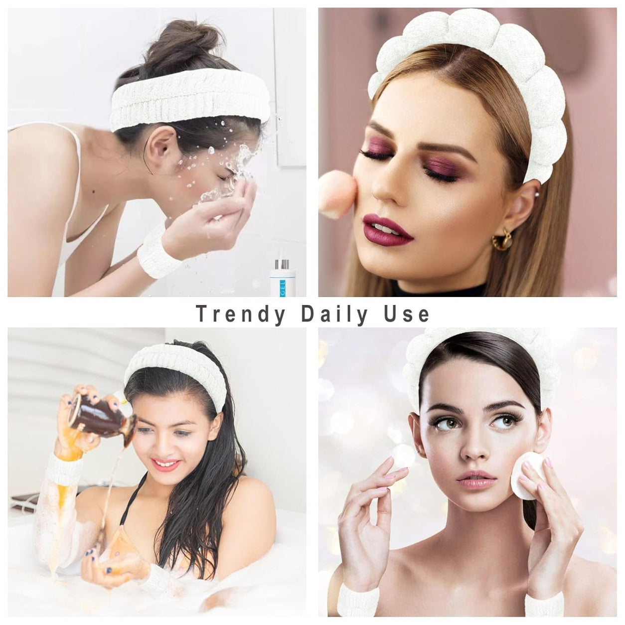 Spa Headband & Wristband Set Puffy Skincare Headband & Wrist Bands for Washing Face Makeup Sponge Facial Headband & Wrist Towels for Women Girls White