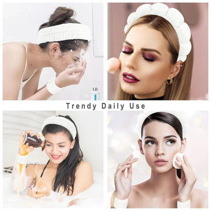 Spa Headband & Wristband Set Puffy Skincare Headband & Wrist Bands for Washing Face Makeup Sponge Facial Headband & Wrist Towels for Women Girls White